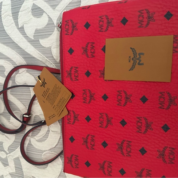 Authentic MCM Red Visetos Zip Pouch / Crossbody Clutch